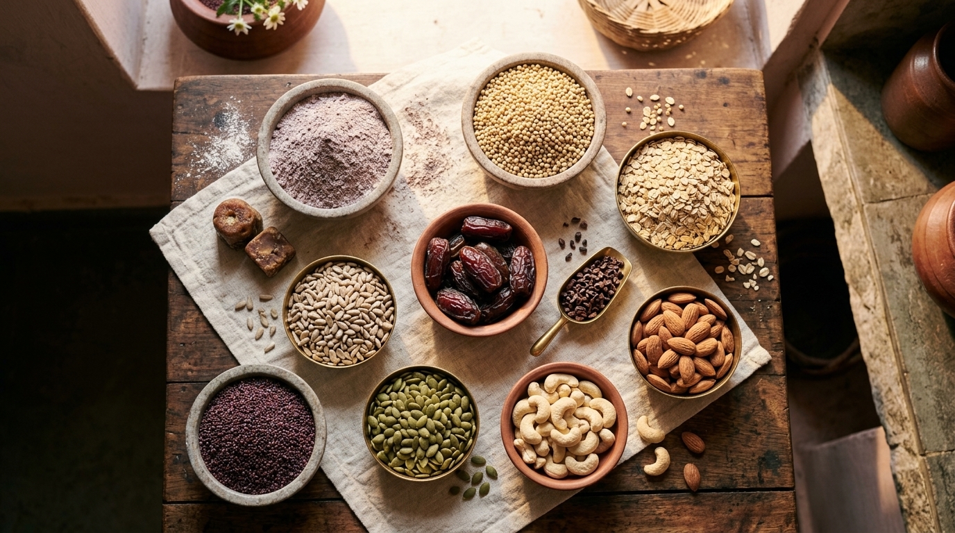 Pure natural millets, grains, and ingredients arranged in rustic bowls